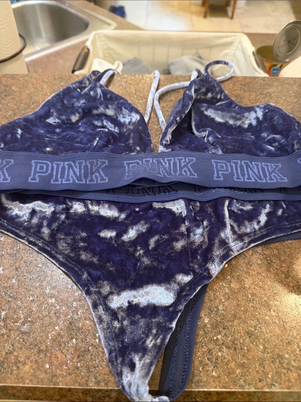 PINK Victoria's Secret Crushed Velvet Bralette & Thong Set Deep Navy